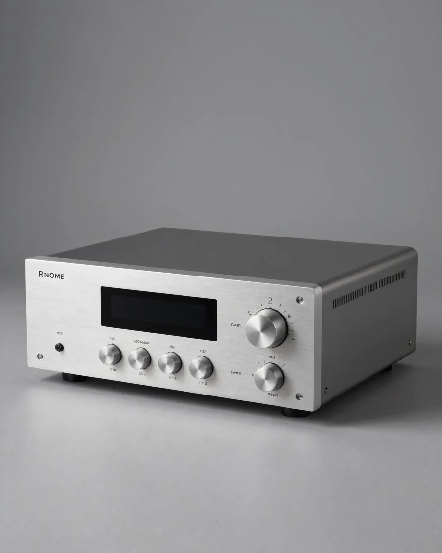Foto studio amplifier terintegrasi berbahan aluminium bertekstur dari sudut tiga perempat