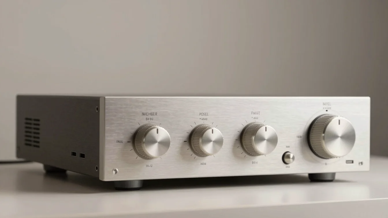 Tampilan dekat panel depan penguat daya hi-fi
