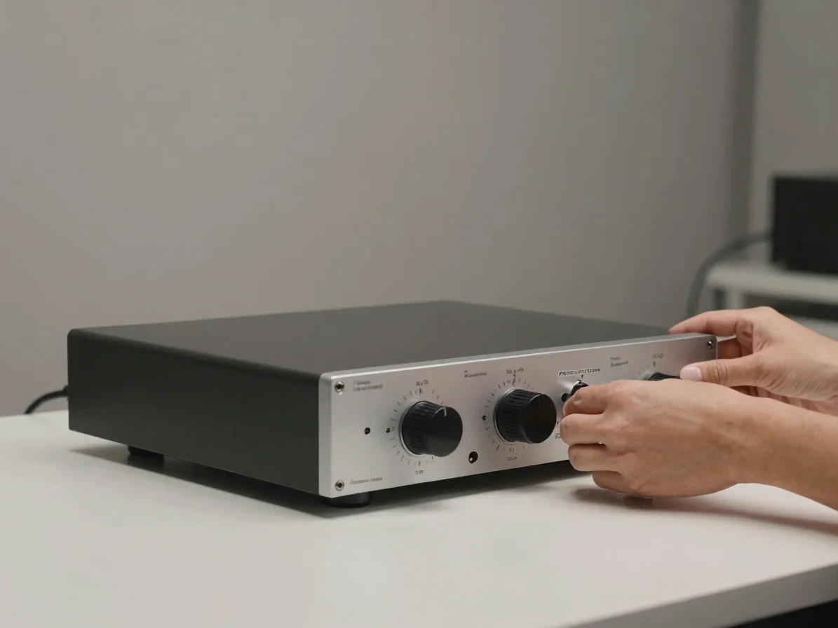Foto studio jarak dekat amplifier hi-fi di atas meja kerja yang bersih