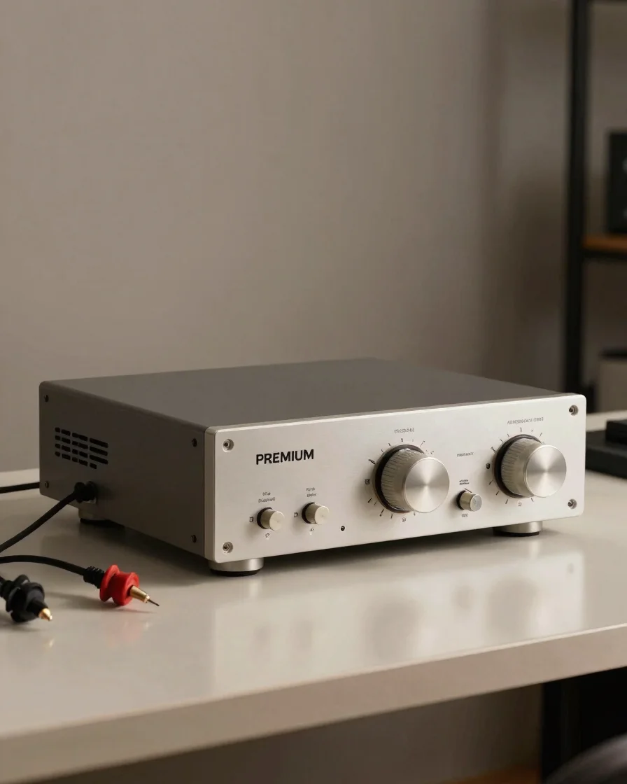 Foto produk amplifier hi-fi di atas meja kerja dengan latar netral